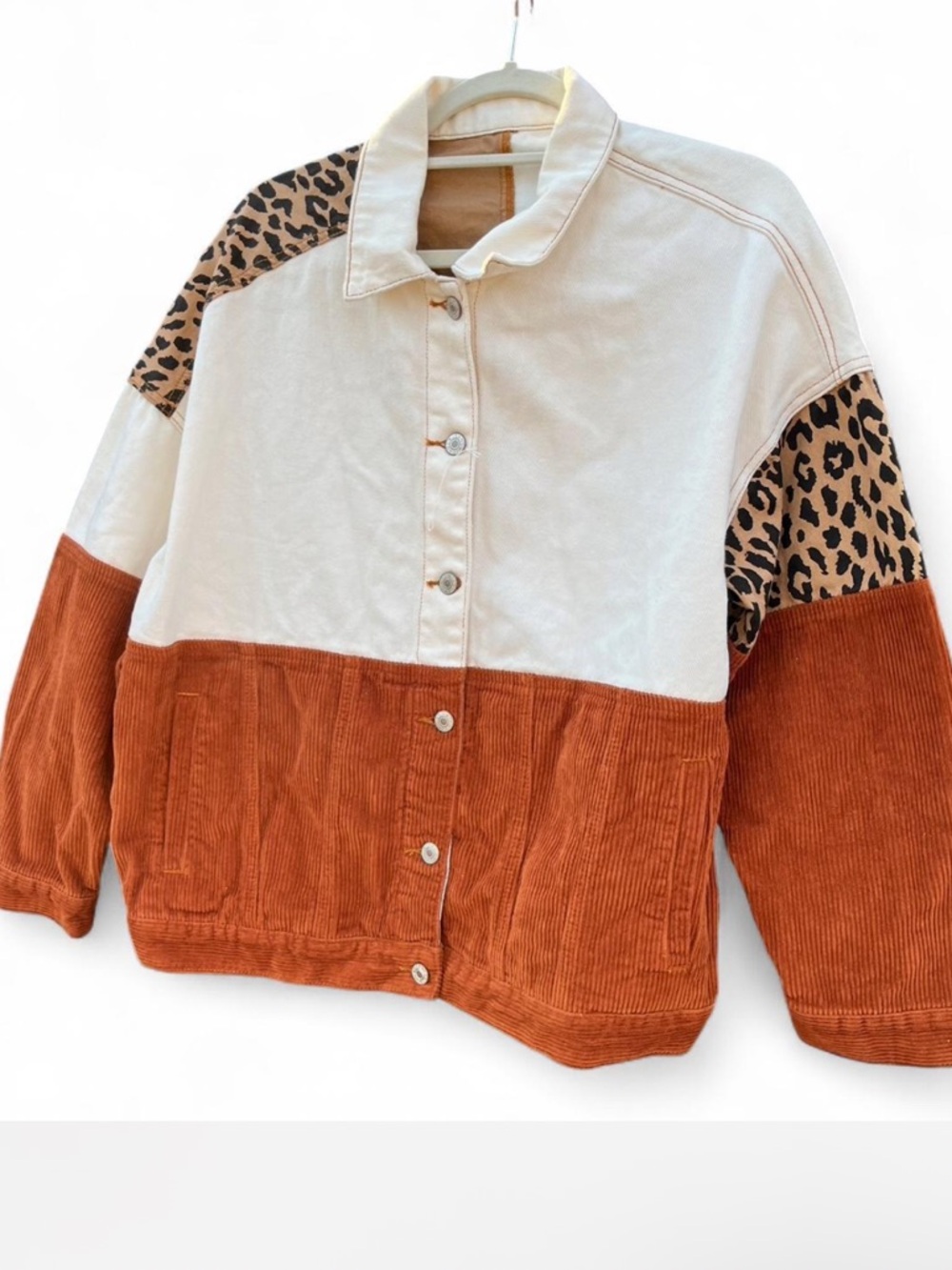90s Colorblock Corduroy Jacket with Leopard Accent - Cream & Rust - Picture 8 of 8